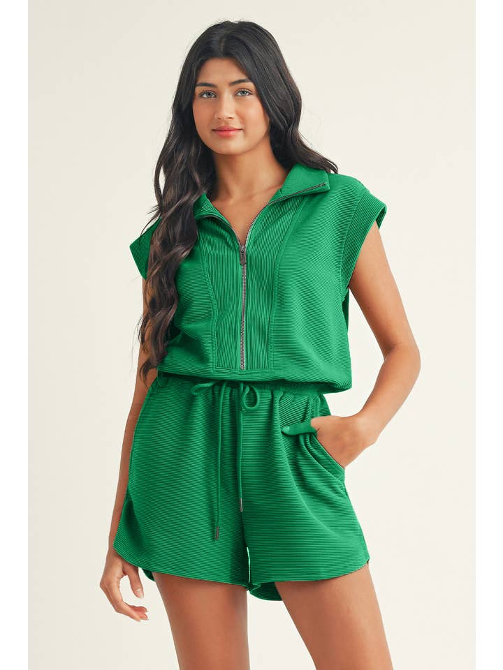 Little Daisy Closet - Wholesale Romper - Women's - LDC Textured Short Sleeve Half Zip Drawstring Waist Romper