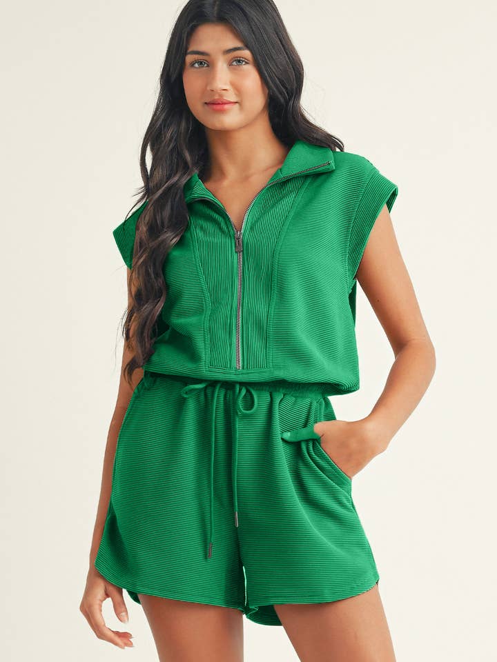 LDC Textured Short Sleeve Half Zip Drawstring Waist Romper and other Purchase Wholesale zip romper. Free Returns & Net 60 Terms on Faire trending on Faire.