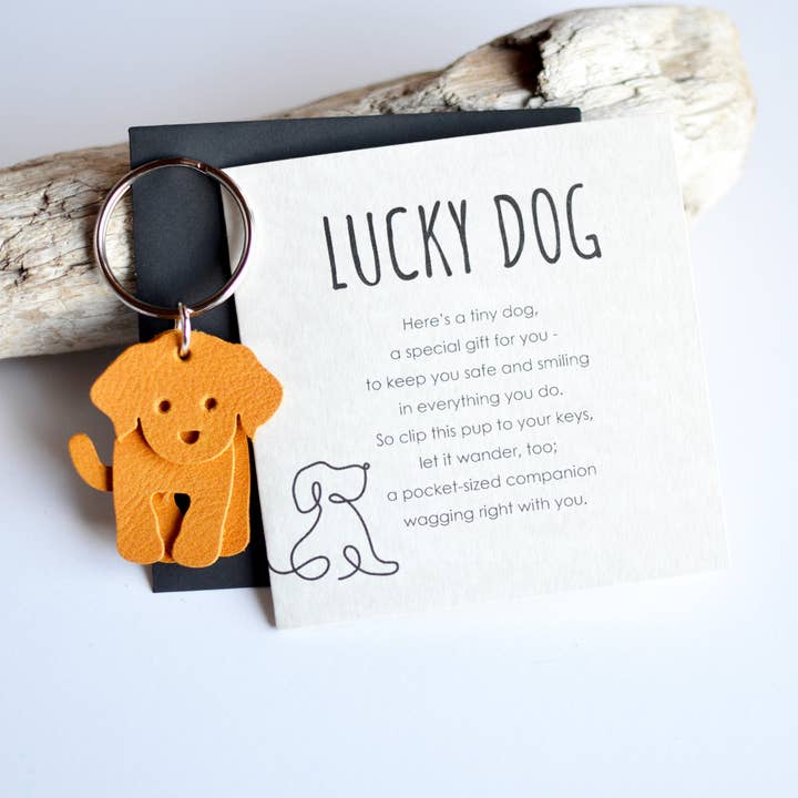 Lucky Dog Card + Leather Dog Keychain Gift Set for wholesale by Moss Bags