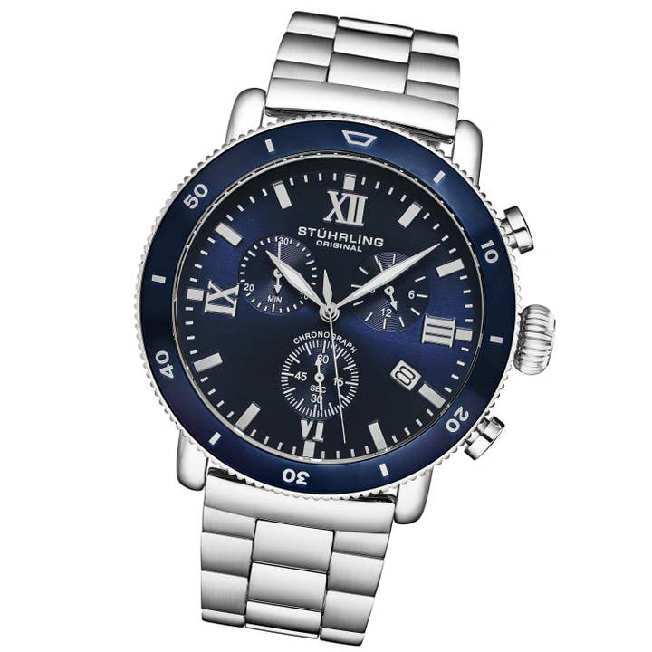 Stuhrling - Wholesale Wrist Watch - Men's - DualMode Quartz 48mm Chronograph - Blue Dial and Bezel1