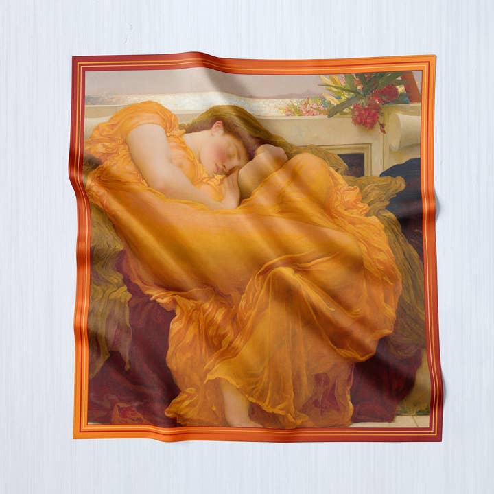 Flaming June por Sir Frederic Leighton, Luxuoso Lenço Quadrado/Wrap/Boho Shawl, Feito sob encomenda, Feito à mão e sem crueldade por atacado de Ebon et Noir LLC