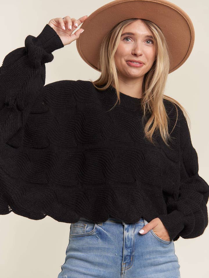 Madelyn - Wholesale Knit Sweater - Women's - LESW3443-SCALLOP HEM LOOSE FIT SWEATER TOP11