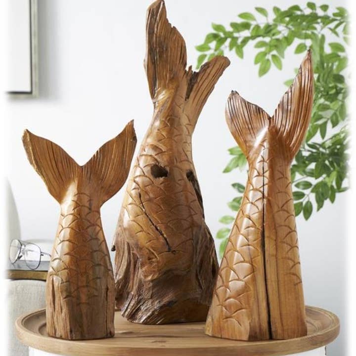 Hand Carved Teak Wood Fish Tail Table Top Decor - Set of 3 for wholesale by Will's Company