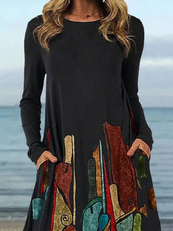 BLACK Casual Long Sleeves Loose Contrast Color Printed Round-Neck Mini Dresses for wholesale on Faire1