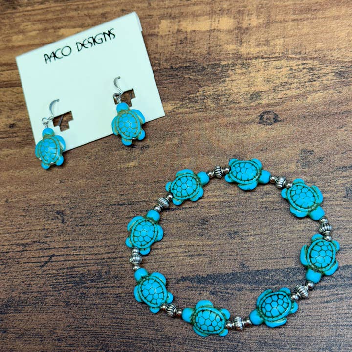 Turquoise Howlite Stone Sea Turtle Bracelet & Earring SET for wholesale by Paco Designs