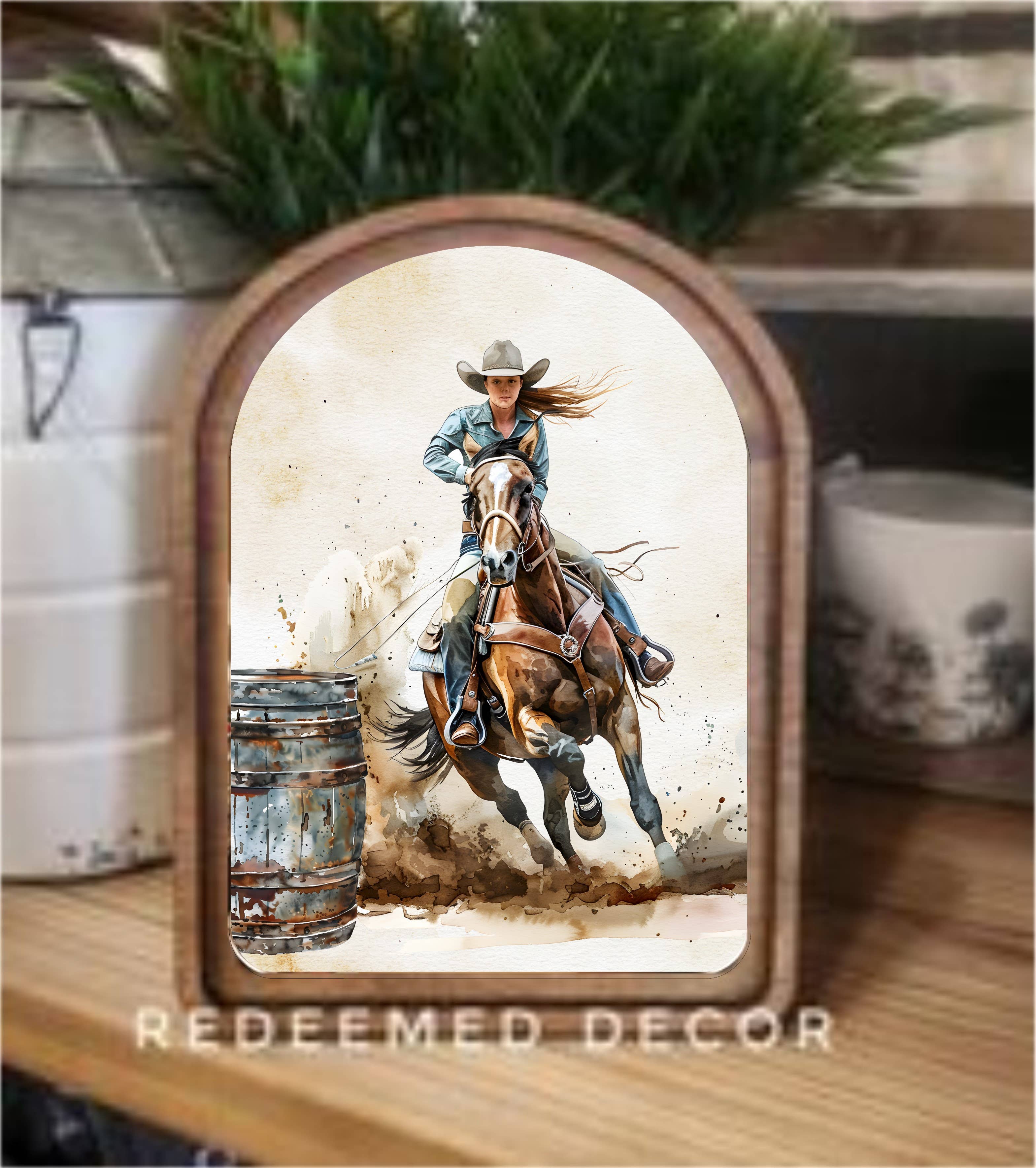 Redeemed Decor – wholesale Wood wall art – Arch Top Barrel Racer Framed Art  0