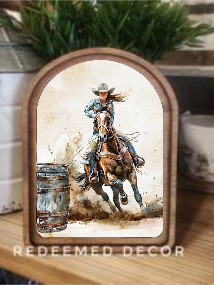 Arch Top Barrel Racer Framed Art for wholesale by Redeemed Decor