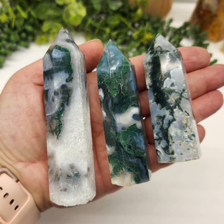 Meraki Gemstones - Wholesale Spiritual Stone/Crystal - Moss Agate Gemstone 6-Sided Towers (Sold by 0.5kg)