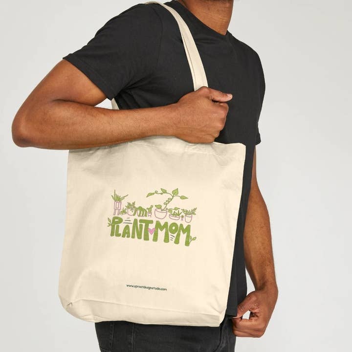 "Plant Mom" Hand-Lettered Sustainable Grocery Tote Bag for wholesale by UpRoot Design Studio