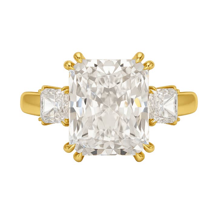 5 Carat Radiant Cut Three Stone Lab Grown Diamond V Prong Engagement Ring for wholesale by Evara Jewelry