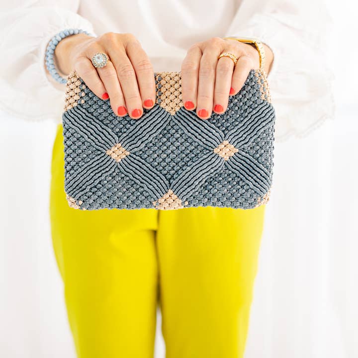 Rahab's Rope - Wholesale Clutch Bag - Women's - Handmade Macramé Clutch- Dusty Blue and Champagne