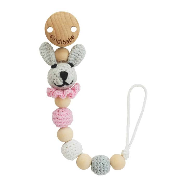 Bobby bunny crocheted pacifier chain in pink for wholesale by SindiBaba