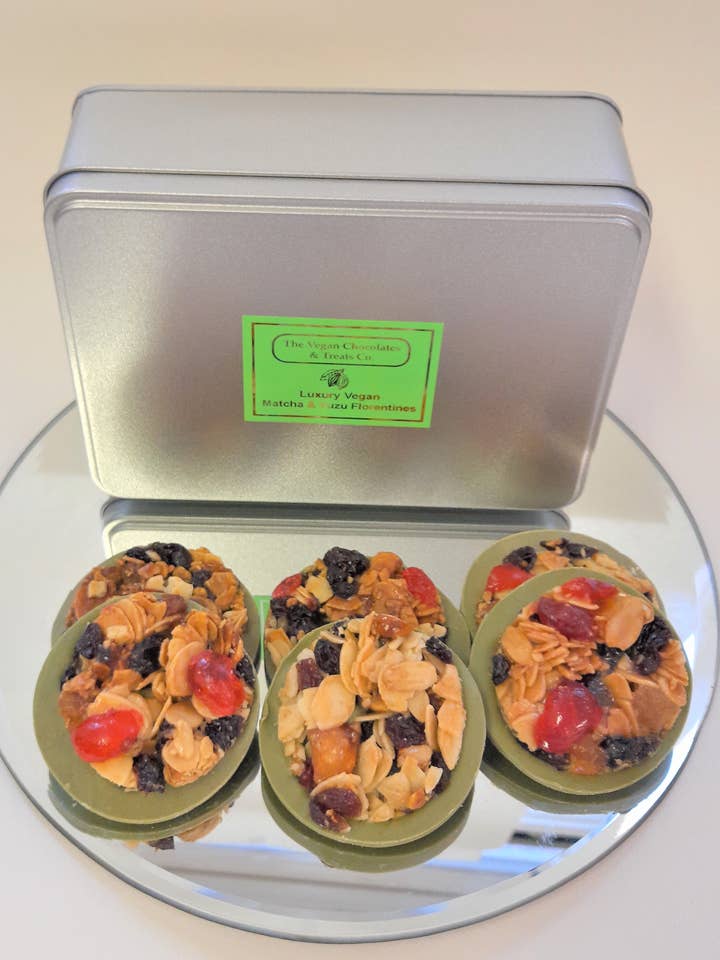 Luxury Vegan Matcha & Yuzu Florentines for wholesale by The Vegan Chocolates And Treats Co.