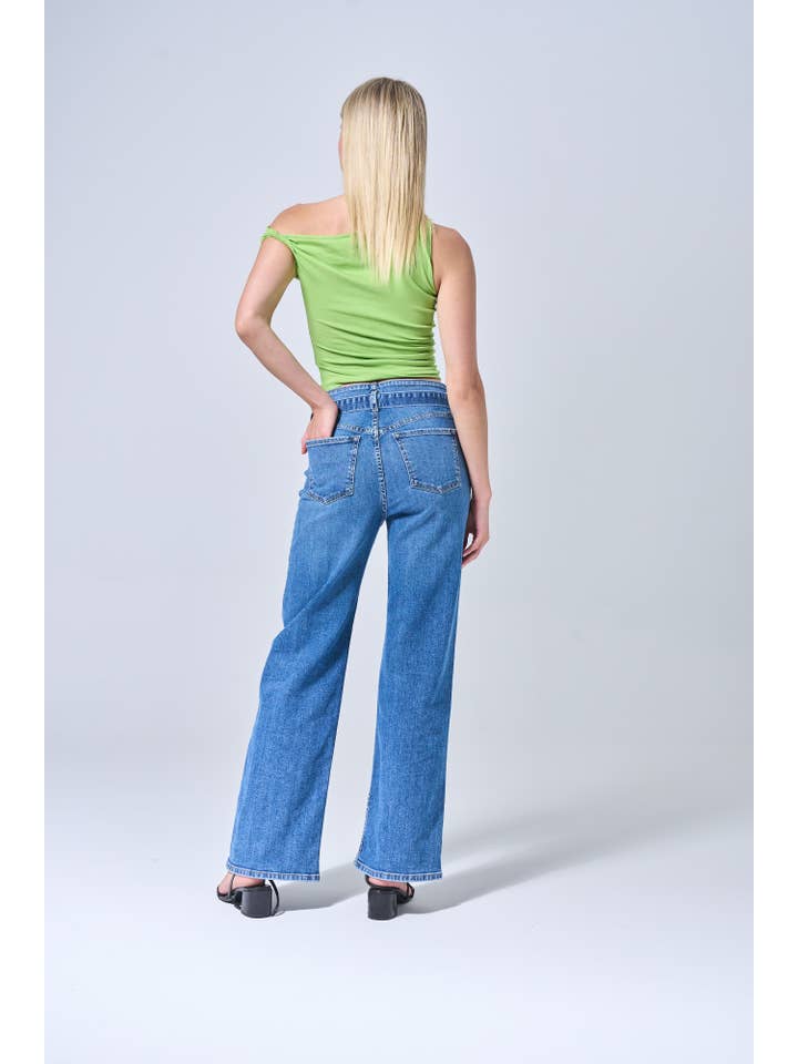 MEDIUM DARK ★NEW★ HIGH RISE WIDE LEG BELTED JEANS for wholesale on Faire