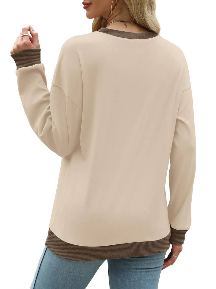 Suhkasana - Wholesale Sweatshirt - Dames - Aanpasbare Colorblock Crewneck Casual Pullover Sweatshirt3