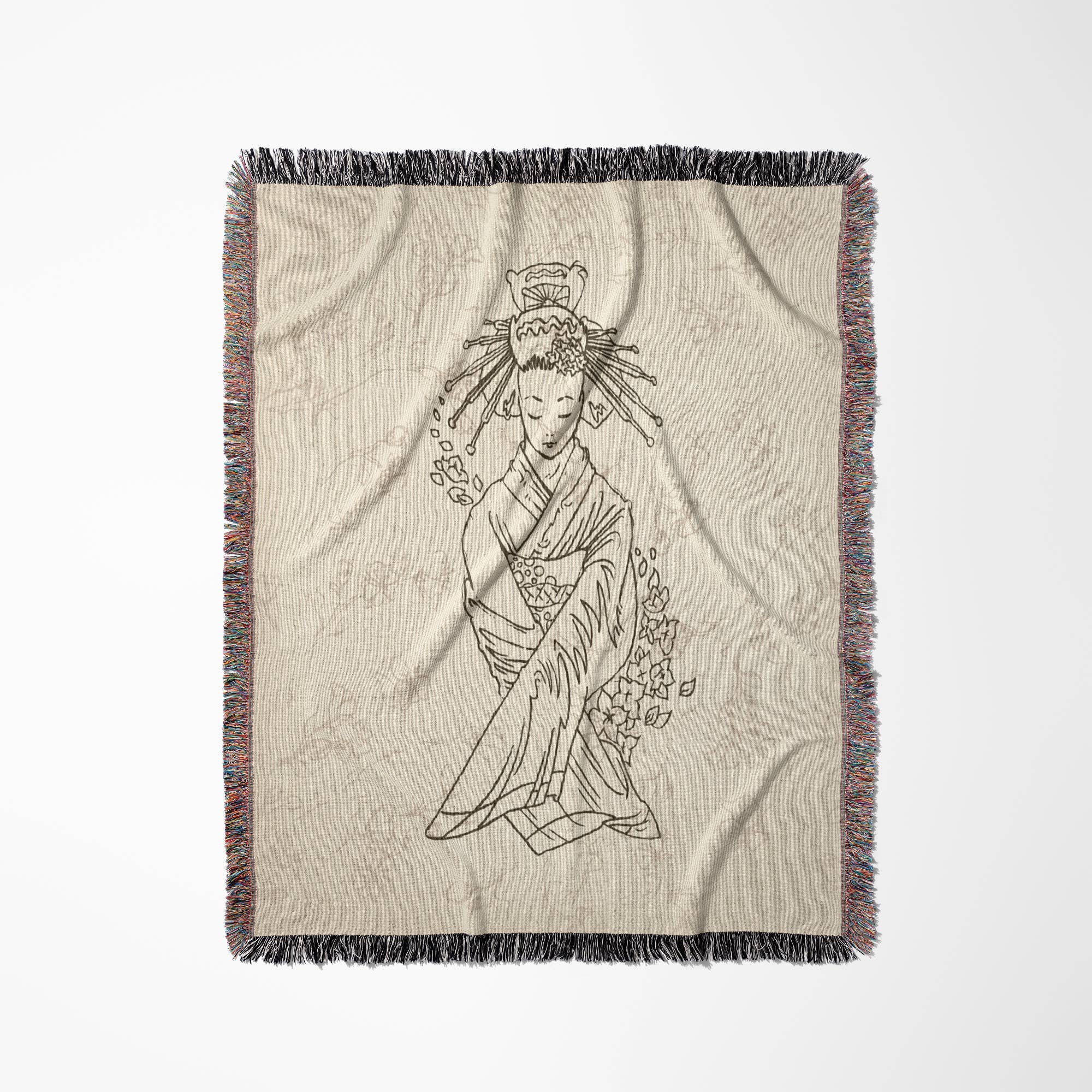 3dRose - Vente Plaids - 3dRose, Joli contour de geisha japonaise Geigia assise, design décoratif floral asiatique oriental, couverture0