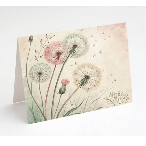 Ensemble de cartes de vœux "Murmures de Souhaits" avec pissenlits – 8 cartes vierges avec enveloppes et stylo dans une boîte cadeau en kraft pour la vente par The Paper Den