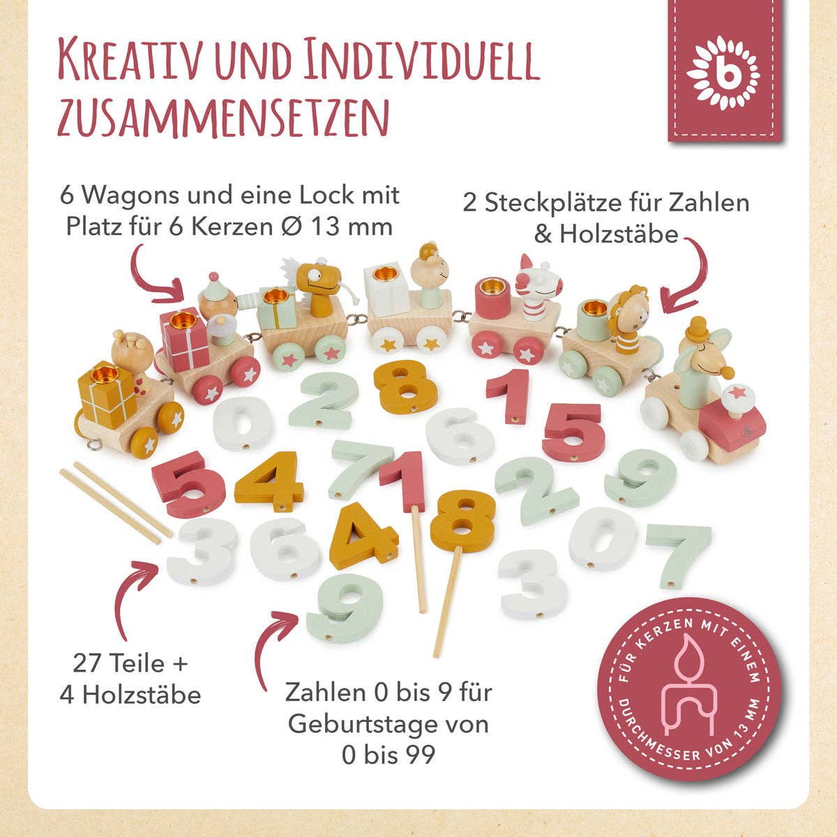 Bieco Spielwaren - Wholesale Toy Set - Kids - Birthday Train Wood Berry 0-99 with 6 Candles4
