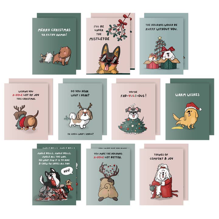 Cute Christmas Dogs Assorted Pack of 20 Funny Greeting Cards for wholesale by ALY LOU®