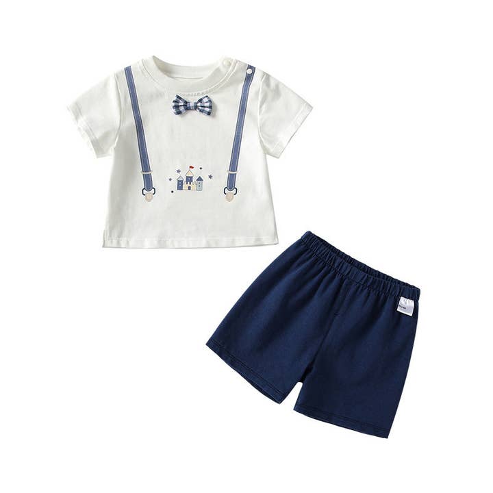 Sommer Baby Kinder Lässiges Träger Muster Kurzarm Oberteil T-Shirt mit blauer Shorts Bekleidungsset für Jungen für den Großhandel von MyKids-USA®