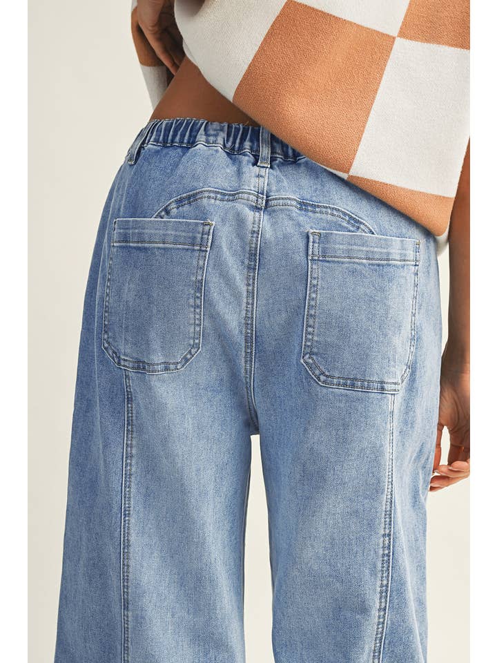 Little Daisy Closet - Wholesale Jeans - Women's - LDC Drawstring Seam Detail Raw Hem Wide Leg Denim Pants4