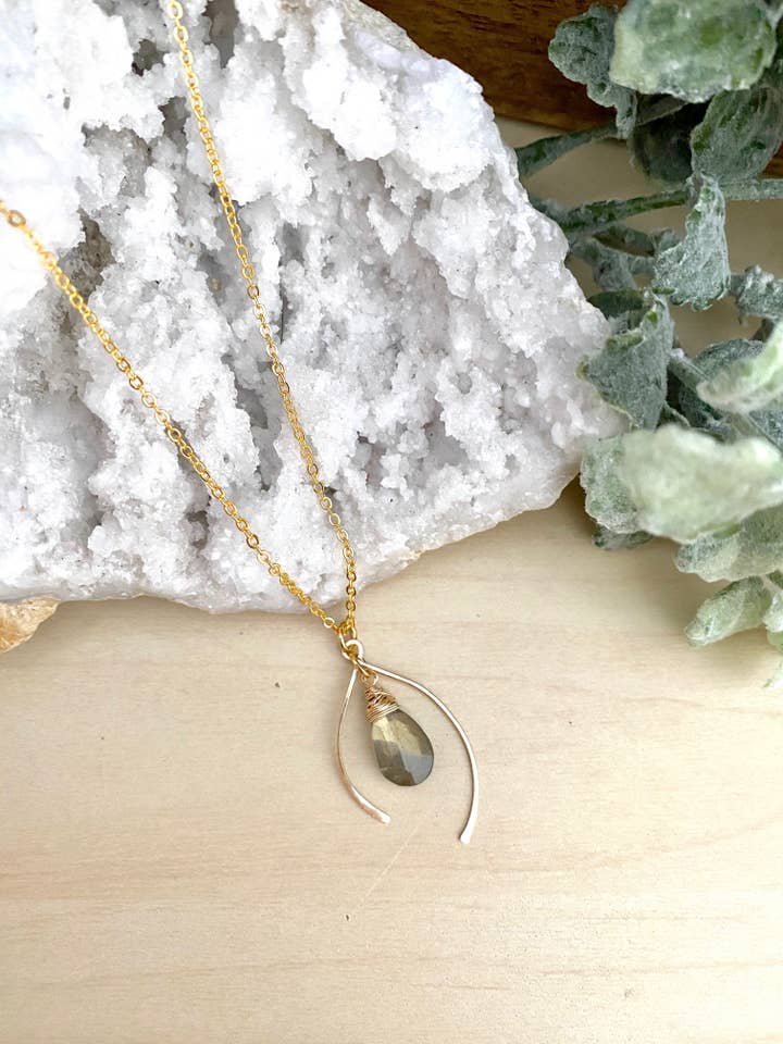 Wish Bone Necklace with A Labradorite Drop for wholesale by Pyrite and Pearls