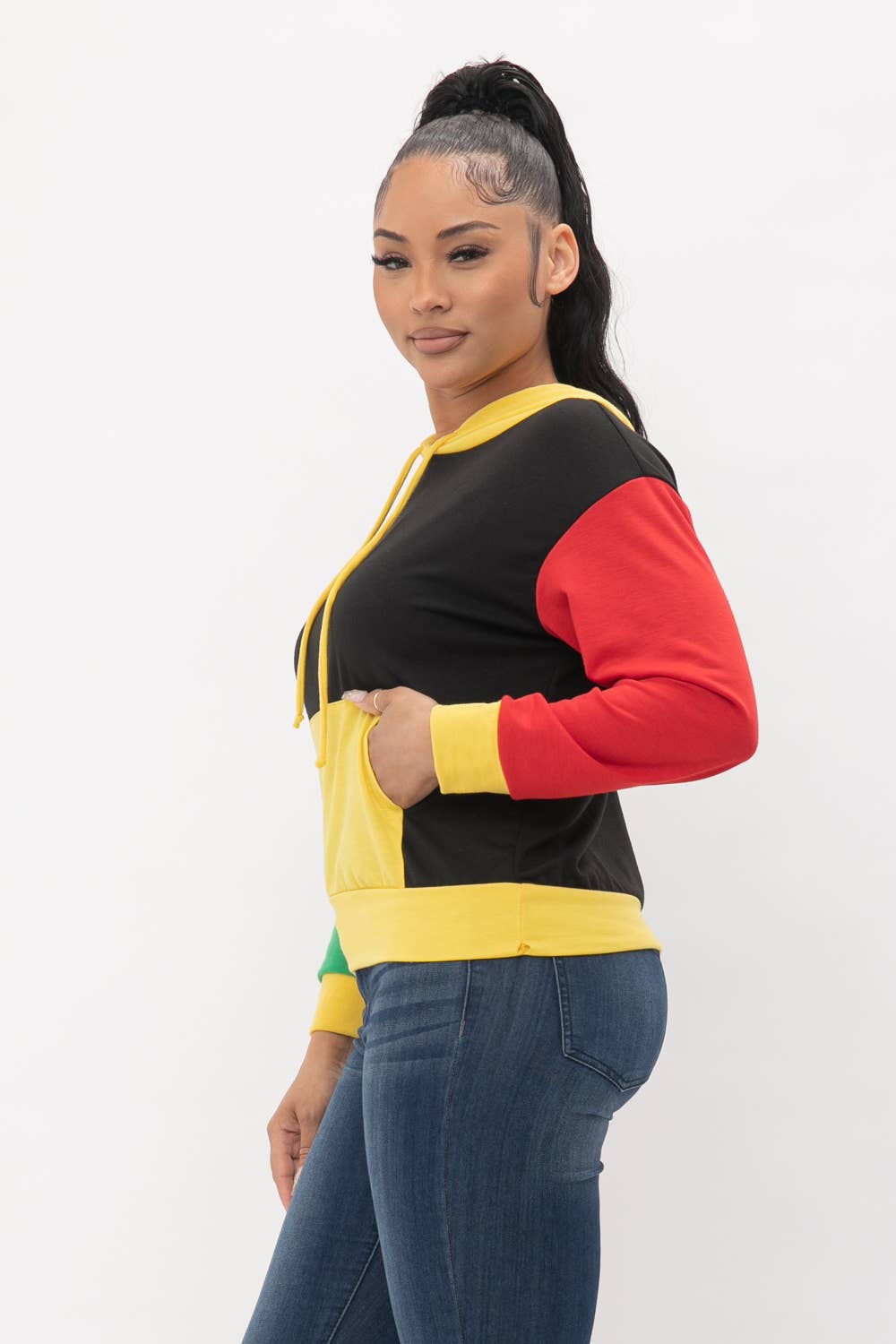 Yellow Combo Color Block Front Pocket Long Sleeve Hoodie for wholesale on Faire3