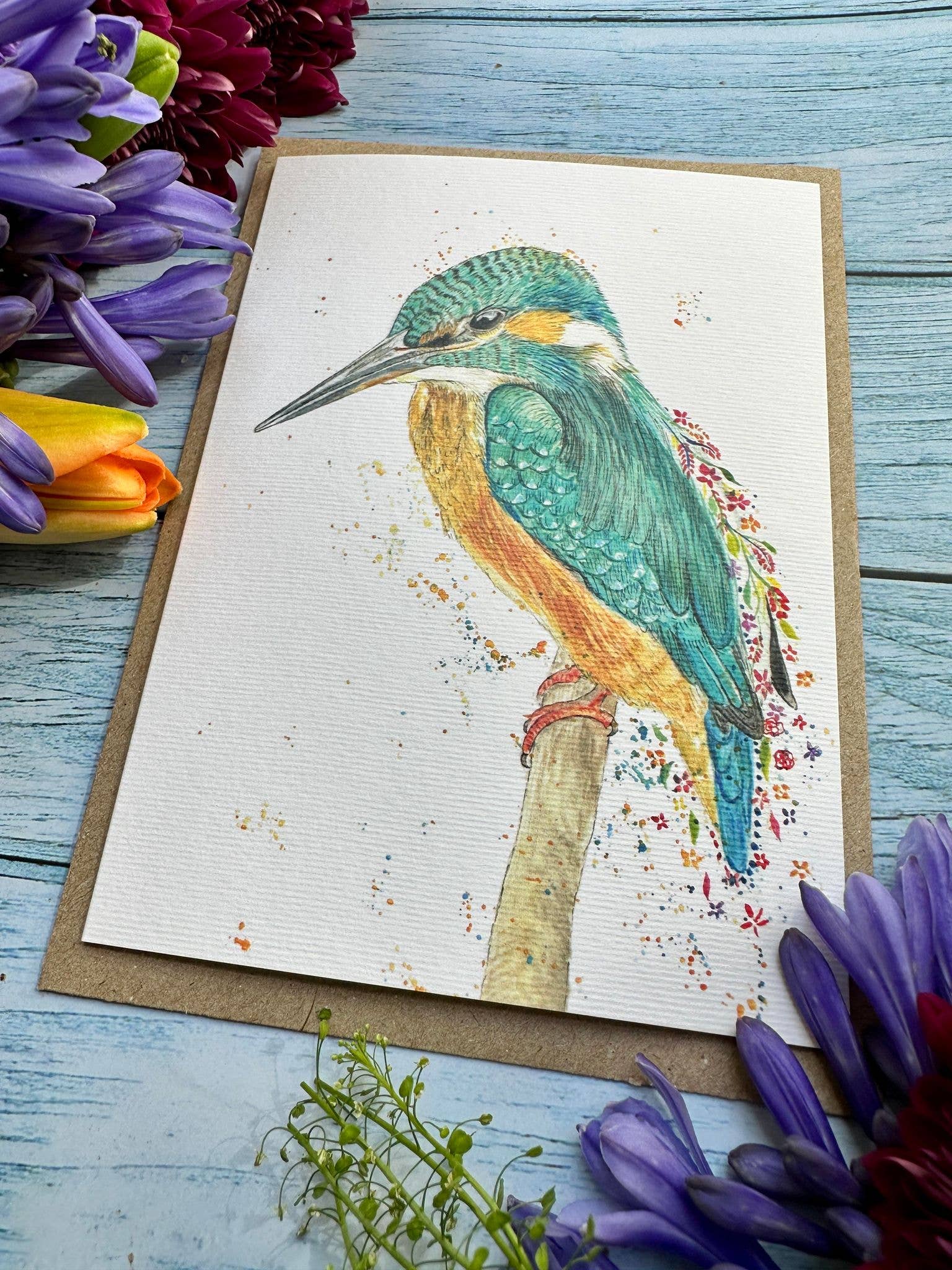 Jen Winnett Eco Artist - Wholesale Gewone wenskaart - Kipper the Kingfisher | Milieuvriendelijke kaart Wildlife British1