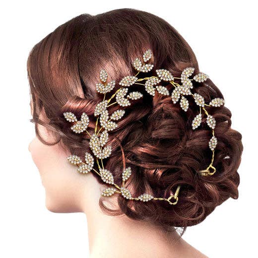 Rhinestone Embellished Leaf Cluster Vine Bun Wrap Headpiece for wholesale by Madeline Love