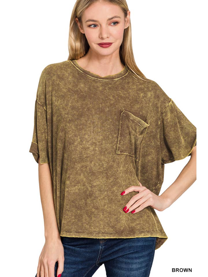 Vanilla Monkey - Wholesale Knit Top - Women's - Washed Ribbed Cuffed Short Sleeve Round Neck Top