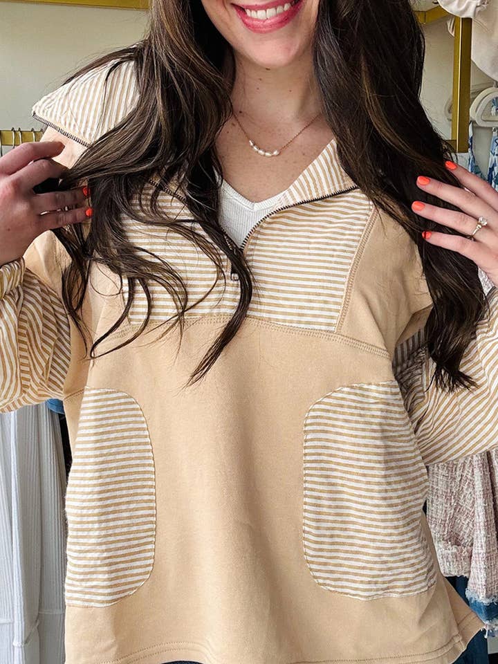Smoke Gray Quarter Zip Striped Patchwork Drop Shoulder Loose Long Sleeve Top for wholesale by Lovesoft