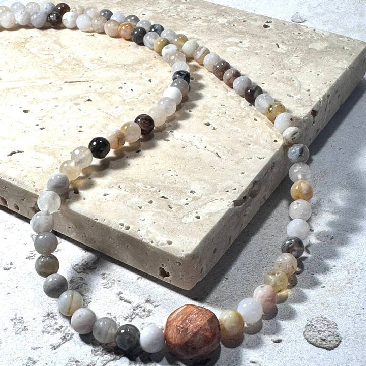 Dainty Natural Agate Beaded Necklace with Central Agate Disc | Adjustable 16–18" | Handmade in the UK for wholesale by STOSA
