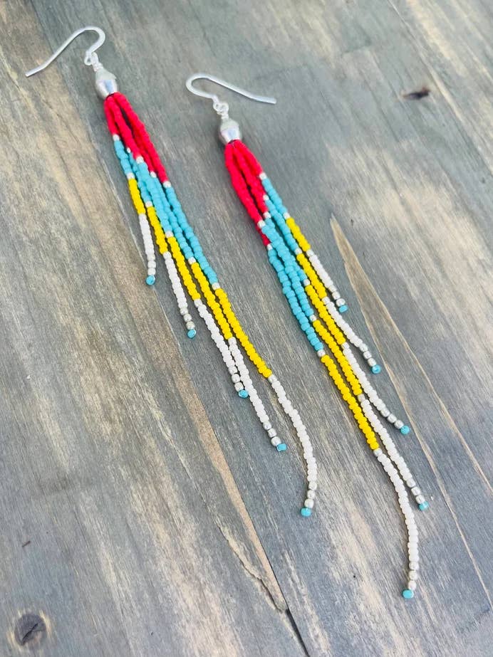 Long Red, Turquoise, Yellow and Ivory Bead Earrings for wholesale by Wild Honey Pie Design