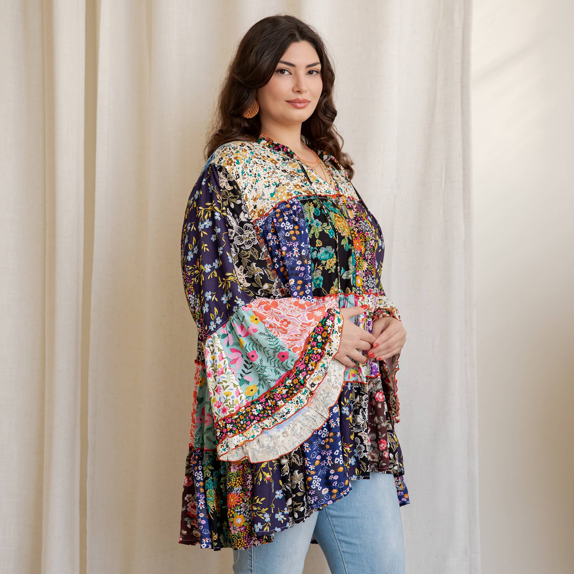 Multicolor Boho Multi-Print Patchwork Floral Tiered Tunic Top IN PLUS for wholesale on Faire10