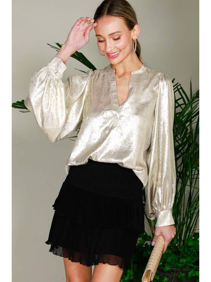 Vine & Love - Wholesale Blouse – Women’s - Henley Neck Long Balloon Sleeve Metallic Blouse Top VT81244F14