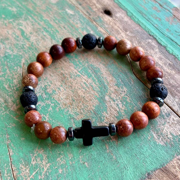 Love and Honor Jesus LLC - Wholesale Beaded Bracelet - Wood Lava Cross Bracelet