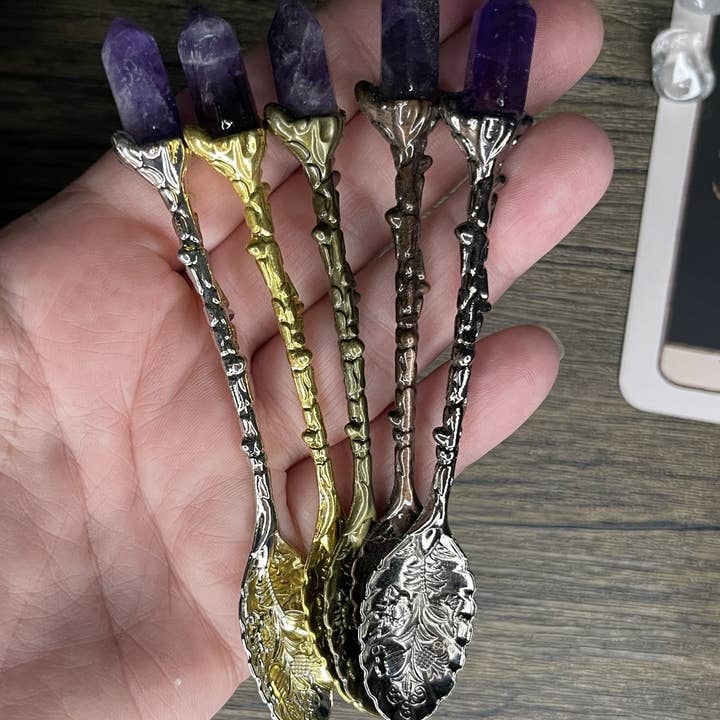 Moondust and Raven - Wholesale Meditation Supplies - Amethyst Crystal Spoon, Witchcraft Apothecary Supplies