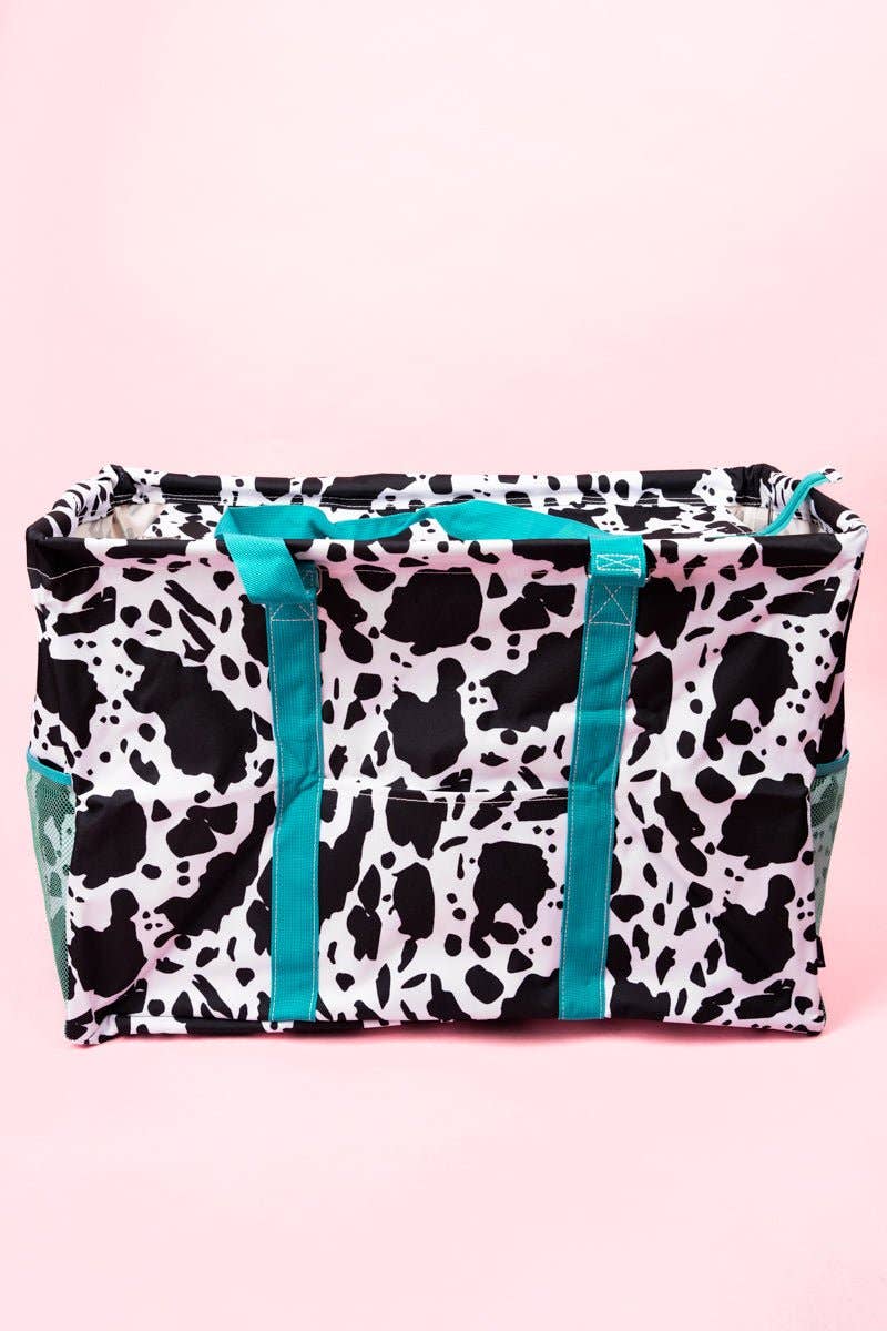 Wholesale Accessory Market - Wholesale Basket - NGIL Deja Moo with Turquoise Trim Collapsible Double Haul-It-All Basket with Mesh Pockets and Lid