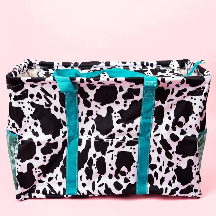 Wholesale Accessory Market - Wholesale Basket - NGIL Deja Moo with Turquoise Trim Collapsible Double Haul-It-All Basket with Mesh Pockets and Lid0