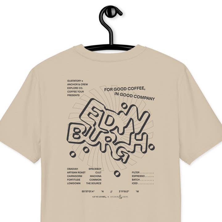 T-shirt brodé en coton biologique GUSTATORY Edinburgh Coffee Scene pour la vente par ANCHOR & CREW