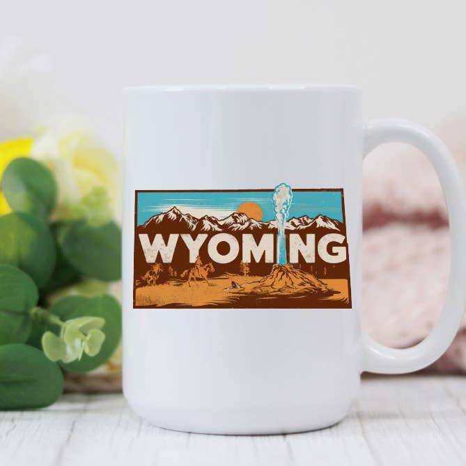 Tazza da caffè Wyoming Vintage Retro State 15oz per la vendita all'ingrosso da parte di Prairie Chicken Sticker Shop & Gifts