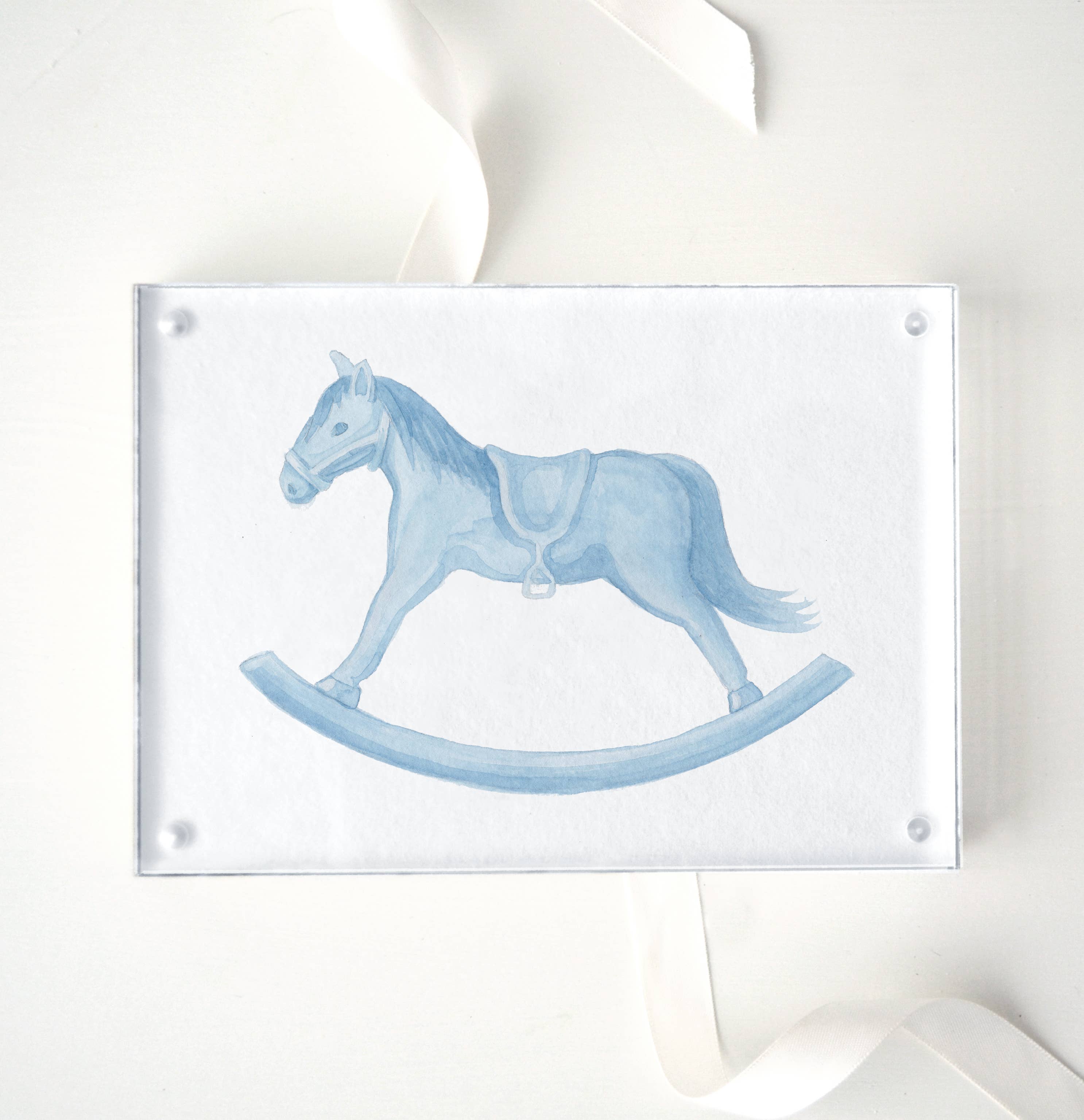 Ellen Davis Creative - Wholesale Art Print - Blue Rocking Horse Watercolor in Acrylic Frame