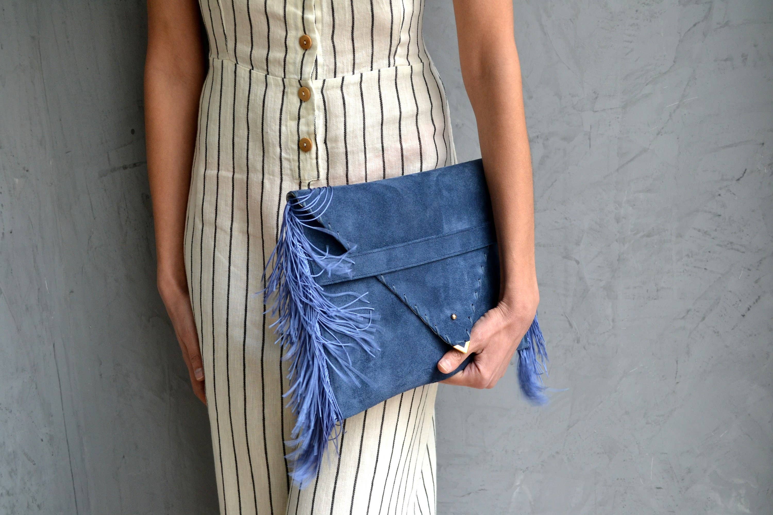 ANA KOUTSI - Wholesale Clutch Bag - Women's - Medusa Clutchin raf blue with silk fringes4