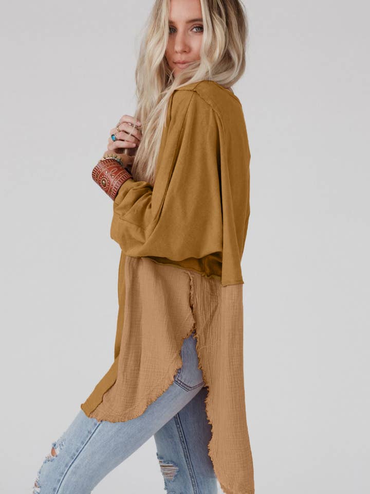 Lovesoft - Wholesale Tunic - Women's - Crinkle Splicing Raw Hem High Low Oversized Blouse14