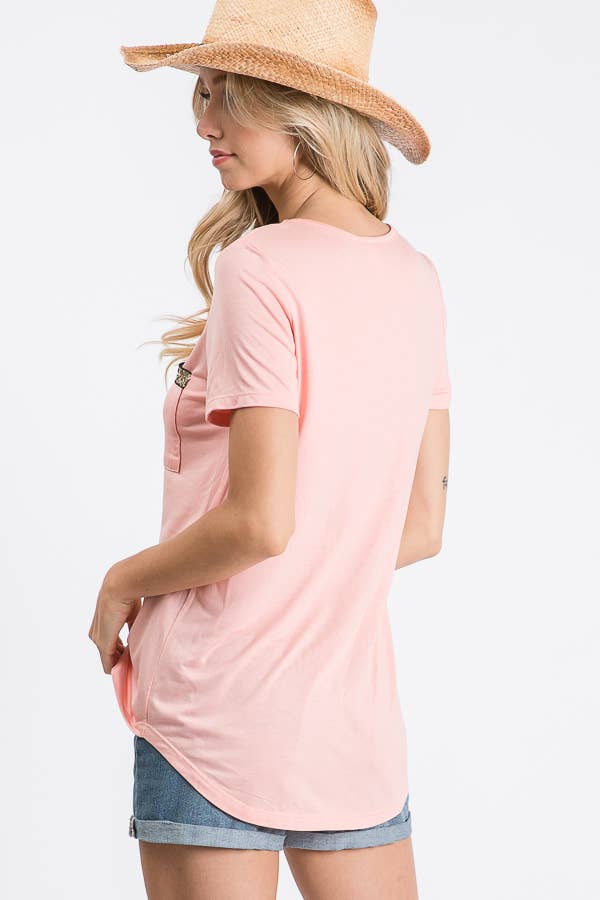 7th Ray - Venta al por mayor Camiseta - Mujer - Top de manga corta con cuello en V sólido, ribete de lentejuelas y bolsillo frontal T31629