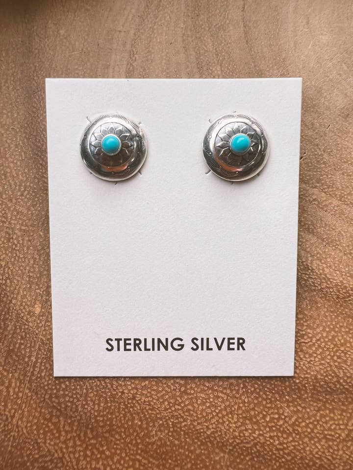 Kingman Turquoise Foxy Concho Stud Earrings for wholesale by Tipsy Cowpoke