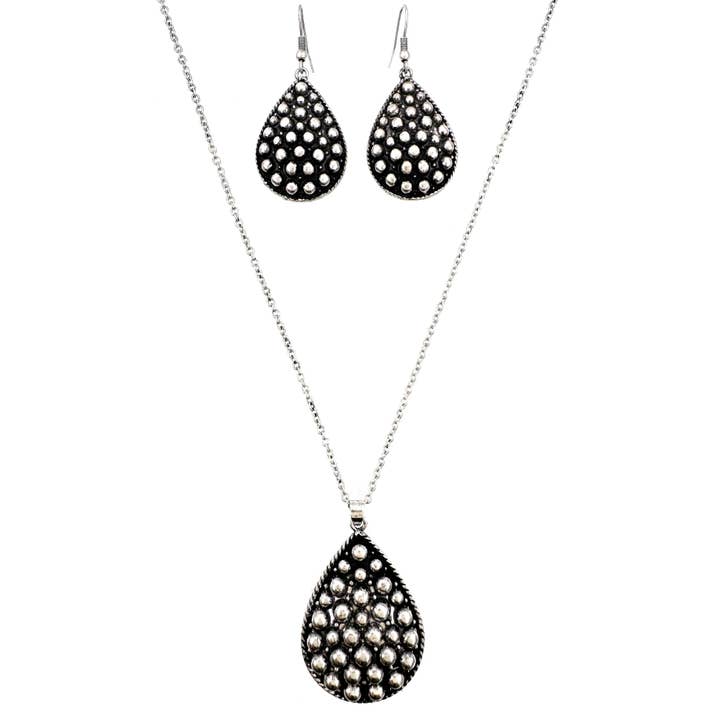 Silver Metal Ball Teardrop Pendant Necklace Set for wholesale by Lunar Deer