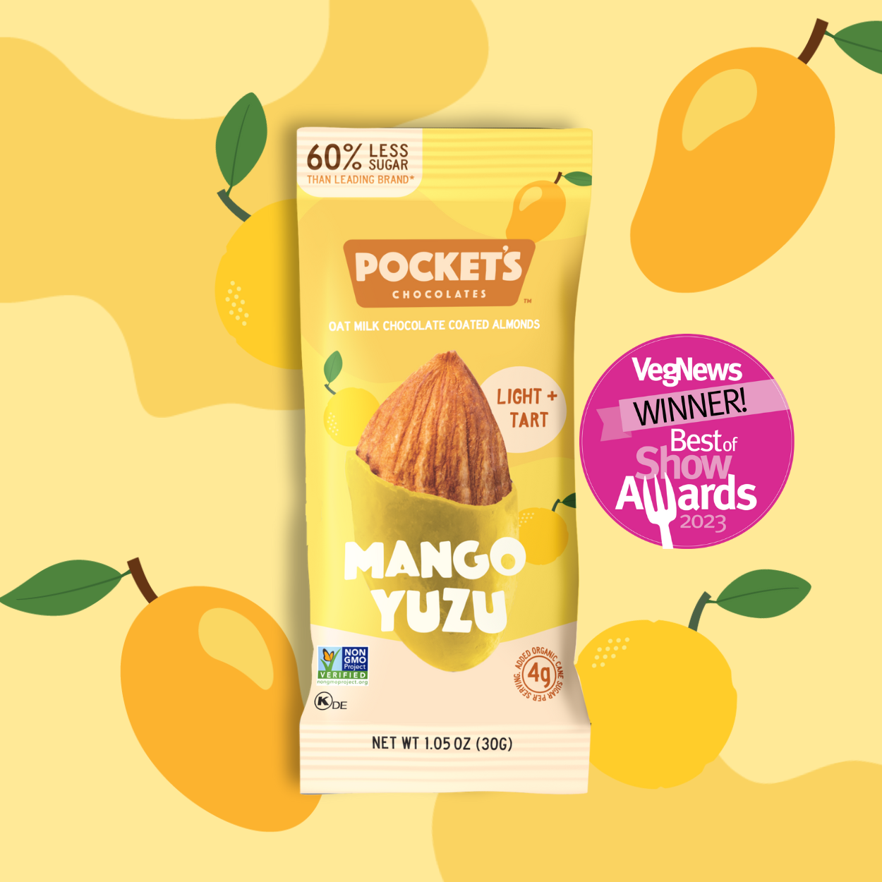 Pocket's Chocolates (Formerly Pocket Latte) - Wholesale Chocolate Covered Sweets - Mango Yuzu Chocolate Almonds, 1.05 oz Single Serve Packs1