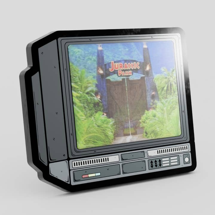 2.5" Lenticular Jurassic Park CRTV Pin for wholesale by GoopyGoblins