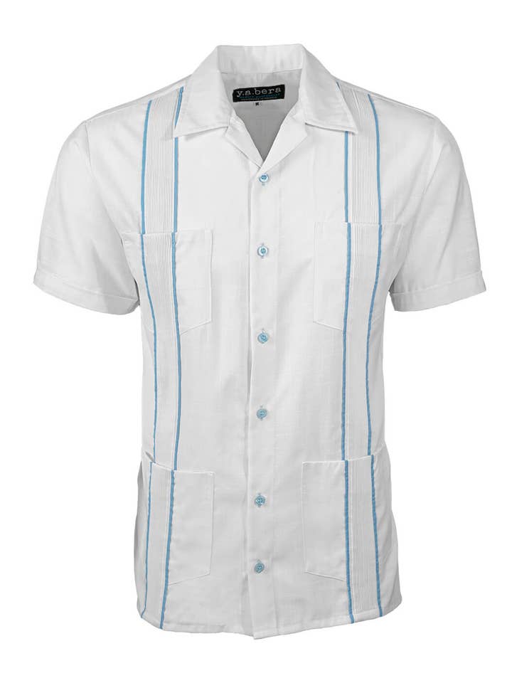 Essentials Blanco con Sky Blue Accent Guayabera for wholesale by Y.A.Bera Clothing Modern Guayaberas